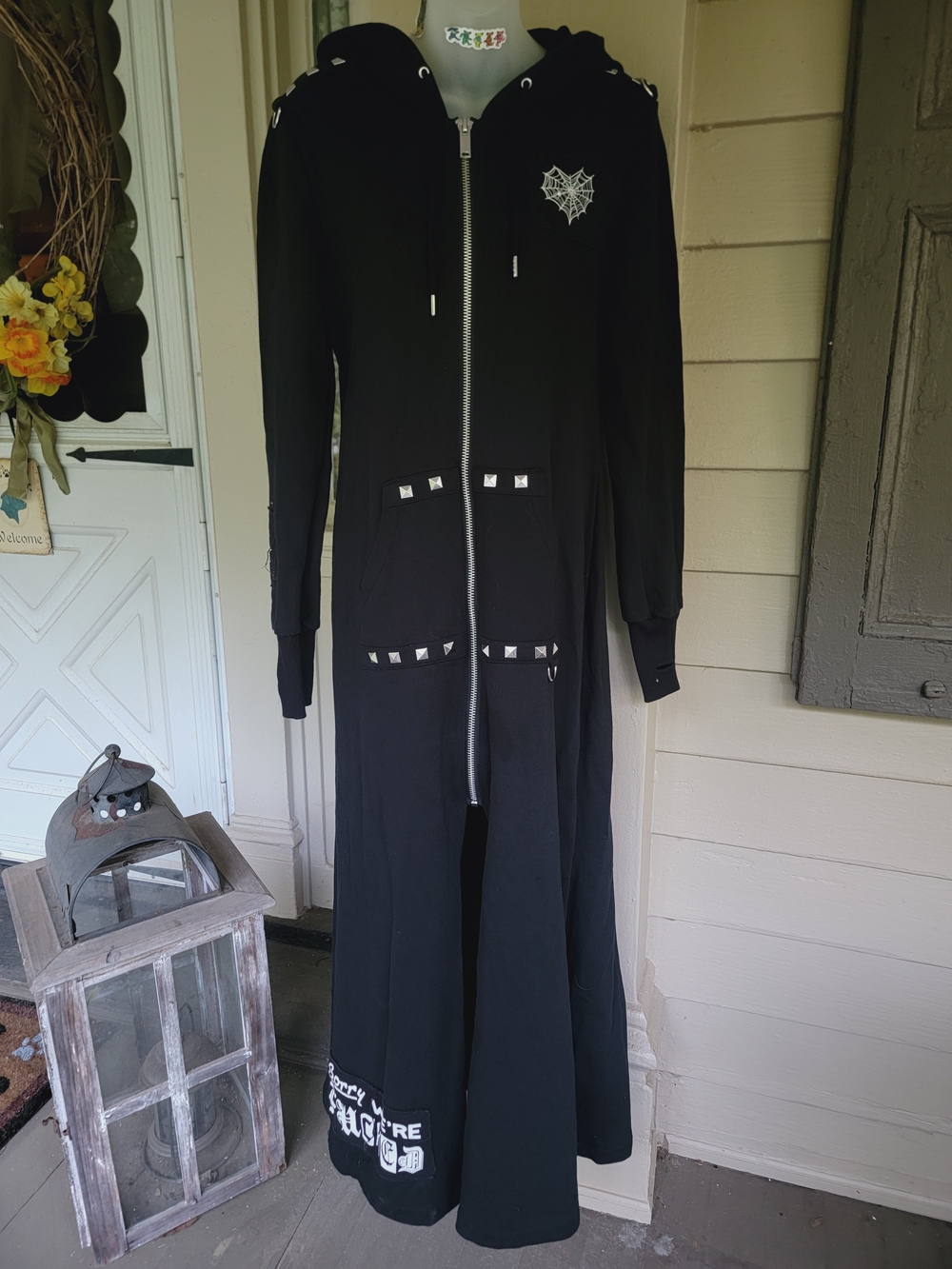 WIDOW Dolls Kill Black Long Studded Trench Duster Zip Up Hoodie Kitsch Cringe